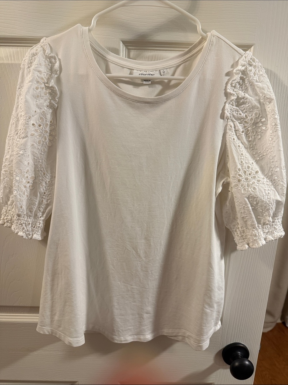 Chico's White Eyelet Puff Sleeve Tee